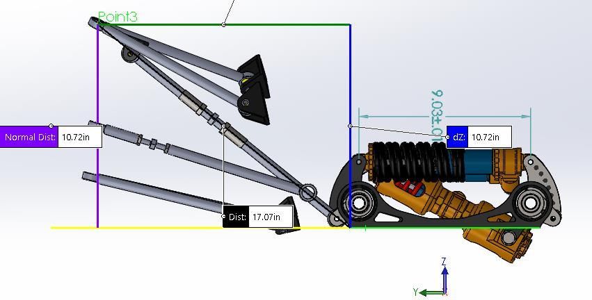Suspension geometry measurement in CAD showing damper travel and pickup point positions