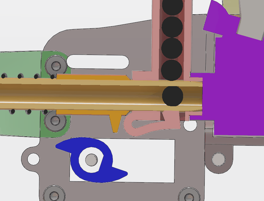 Section after release: the barrel has captured the ball, closed the port and reached the valve