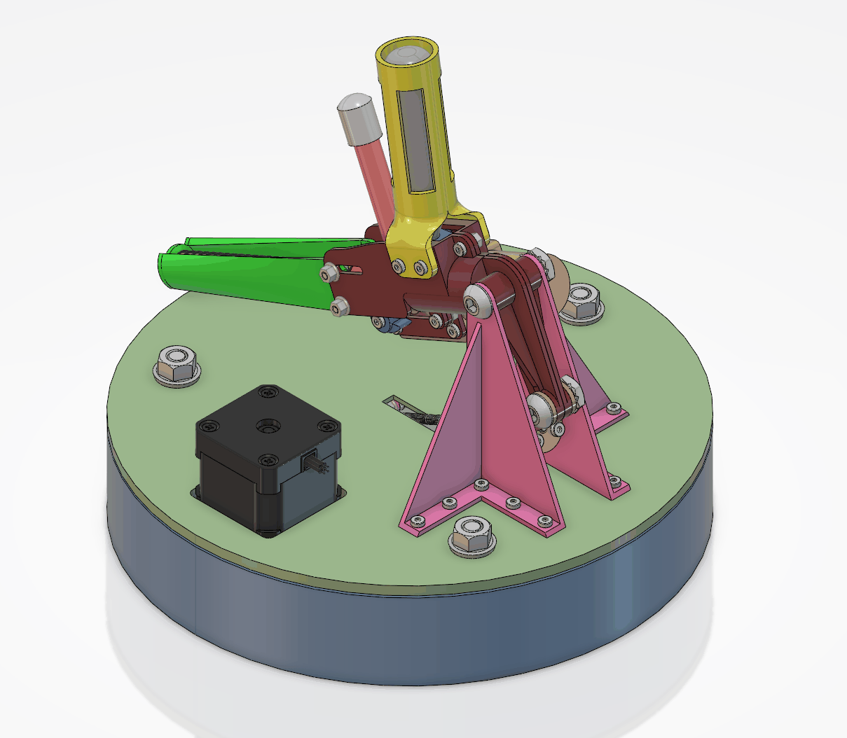 Isometric view of the tracking turret: rotating base with the yaw stepper, the gusseted pitch trunnion, the lead screw and linkage, and the CO2-powered launcher at maximum elevation