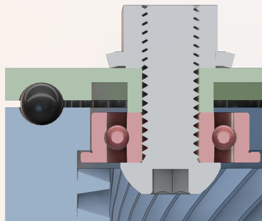 Section through one station: the top plate seated on a ball in its groove, with a flanged bearing on the stud below capping it